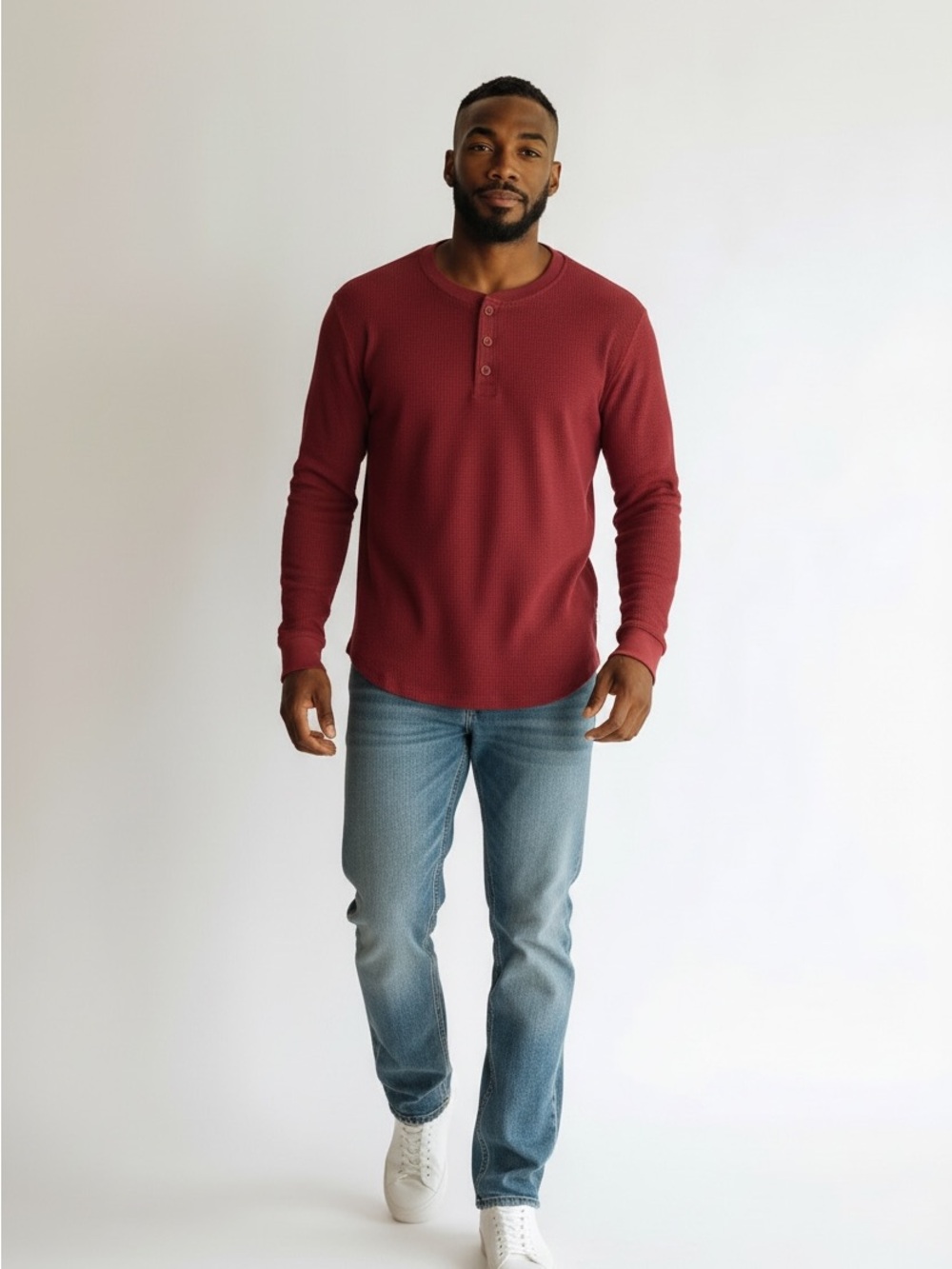 George Big & Tall 3XLT Thermal Waffle Weave Henley T-Shirt Burgundy Long Sleeve